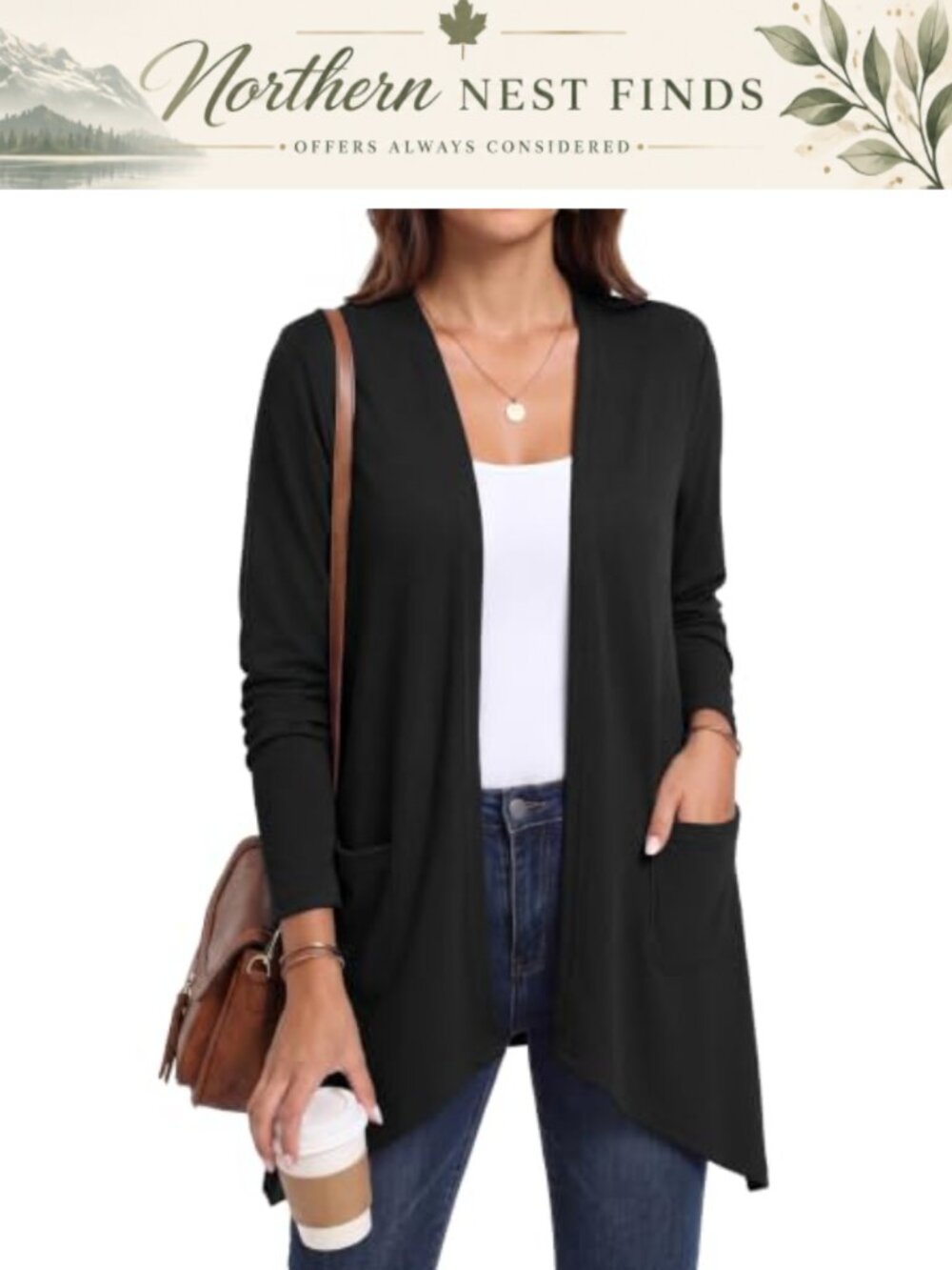 Open Front Long Sleeve Cardigan Side Pockets S-3XL Relaxed Fit Women